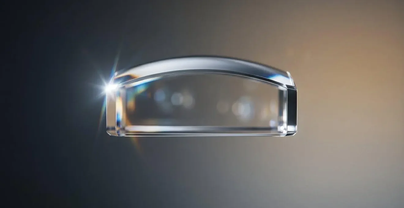 Plan rapproché d'une surface de verre saphir avec jeu de lumière et reflets, montrant la clarté optique exceptionnelle du matériau