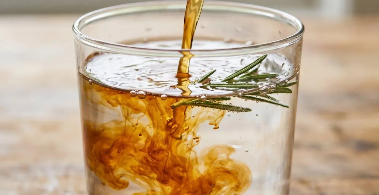 Préparation artisanale d'un rinçage capillaire au vinaigre de cidre dans une bouteille en verre