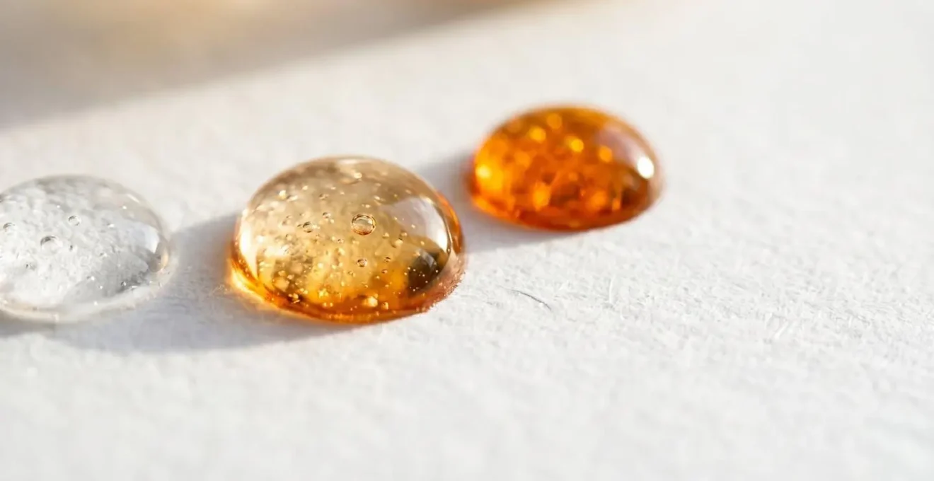 Gouttes de sérum vitamine C sur papier blanc montrant différentes teintes d'oxydation
