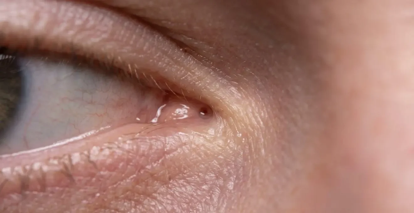 Vue macro de la zone du canal lacrymal au coin interne de l'œil montrant l'humidité naturelle
