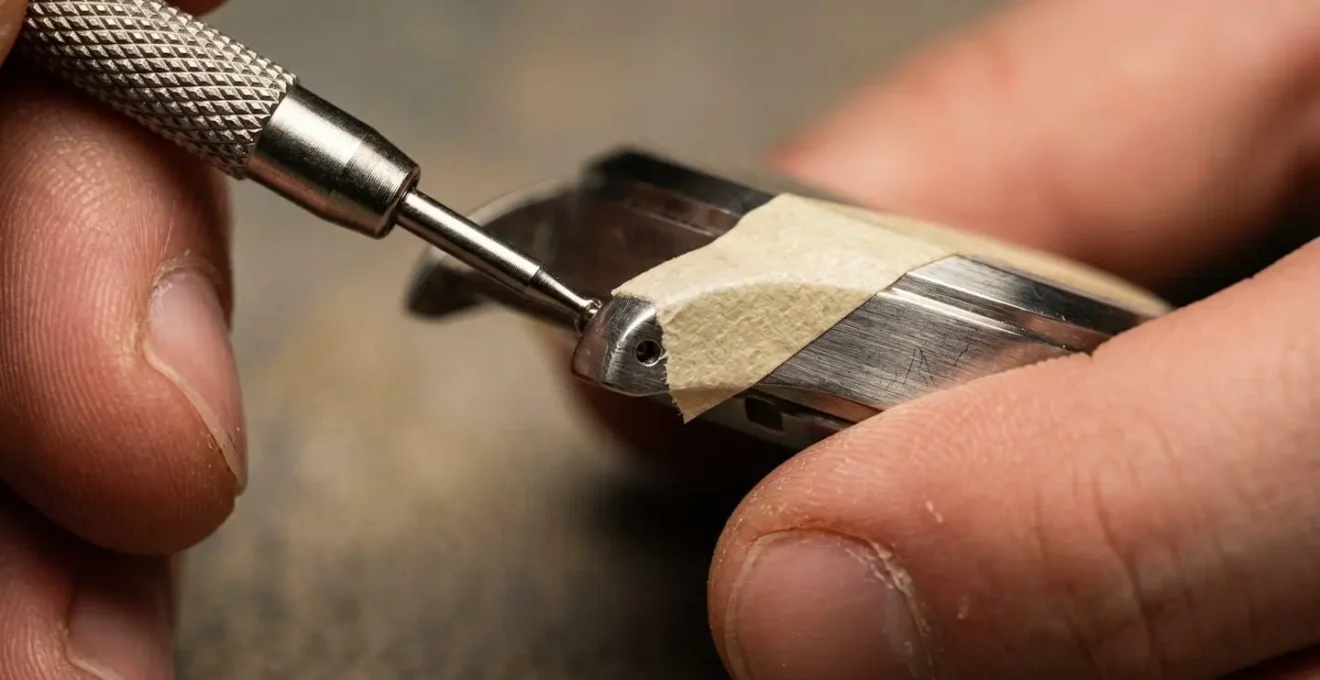 Vue macro d'un outil chasse-goupille positionné sur un bracelet de montre avec scotch de protection sur les cornes