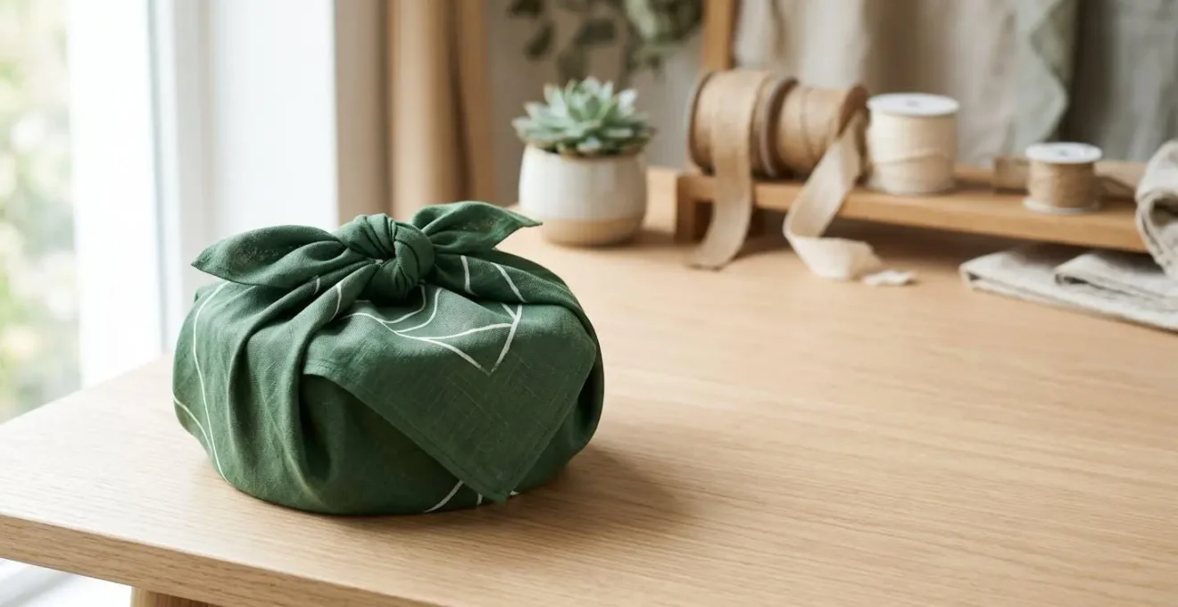 Vue d'ensemble d'un tissu coloré plié en technique furoshiki pour emballer un cadeau de manière élégante et durable