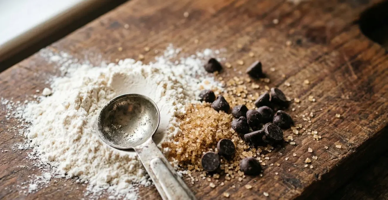 Gros plan sur des ingrédients naturels pour cookies maison disposés sur une surface en bois avec textures visibles
